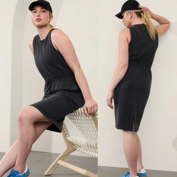Athleta NWT Seasoft Midi Elastic Waist Sports Dress size Large Soft Black Black - Picture 1 of 11